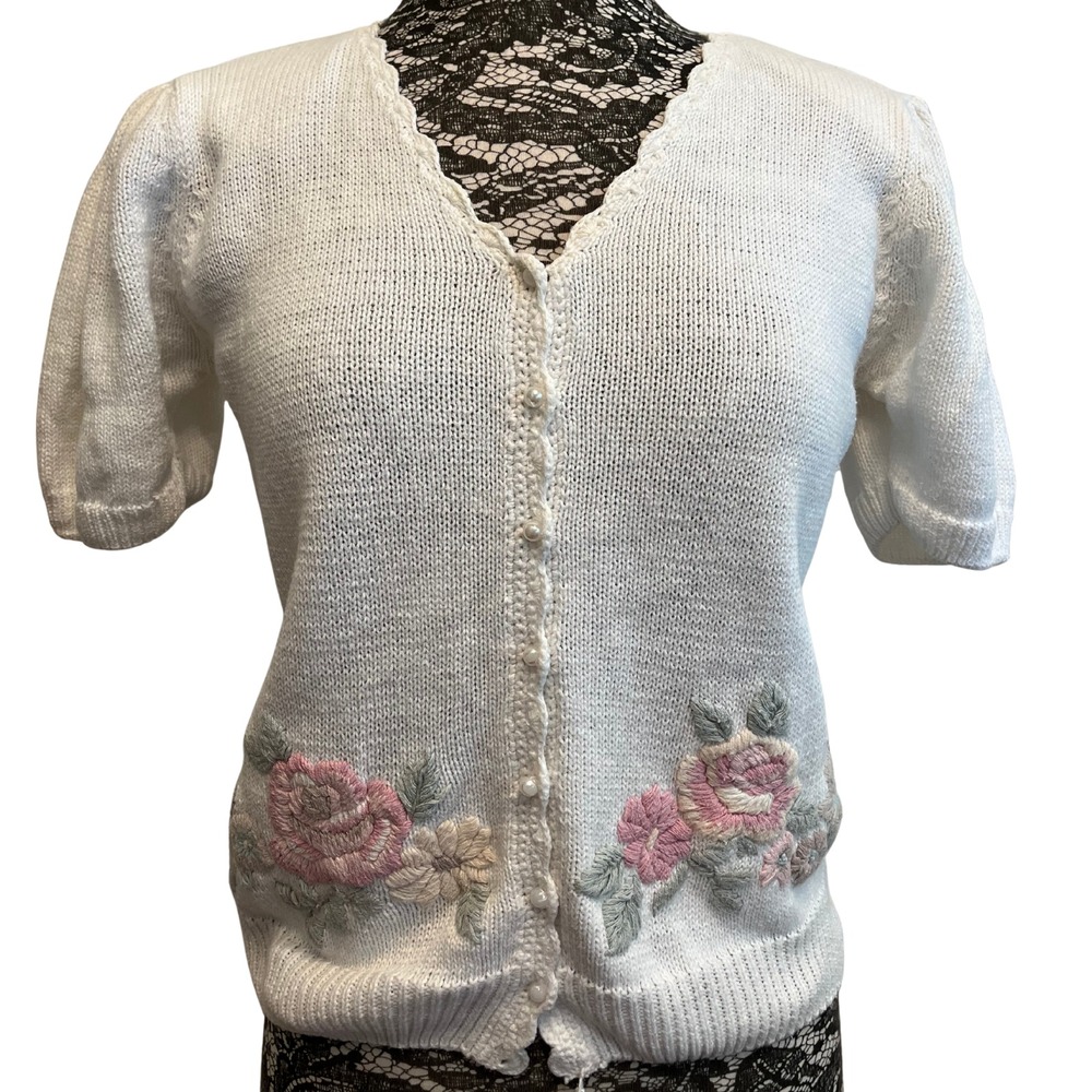 Vintage 80s Cottagecore Sweater M Granny Embroidery Fairy Balletcore Floral Twee